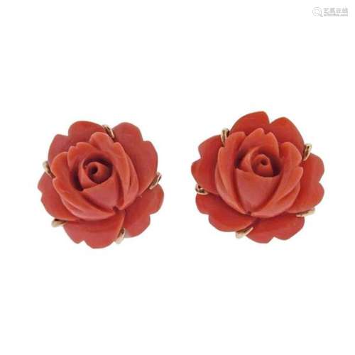 14k Gold Carved Coral Flower Earrings