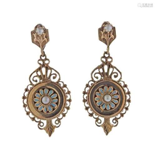 Antique 14k Gold Pearl Enamel Earrings