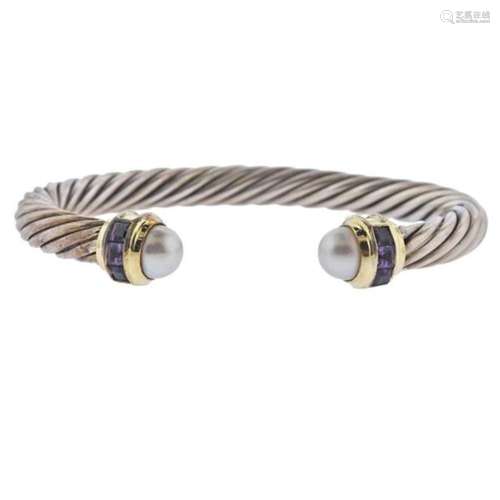 David Yurman 14k Gold Silver Pearl Amethyst Cable Bracelet