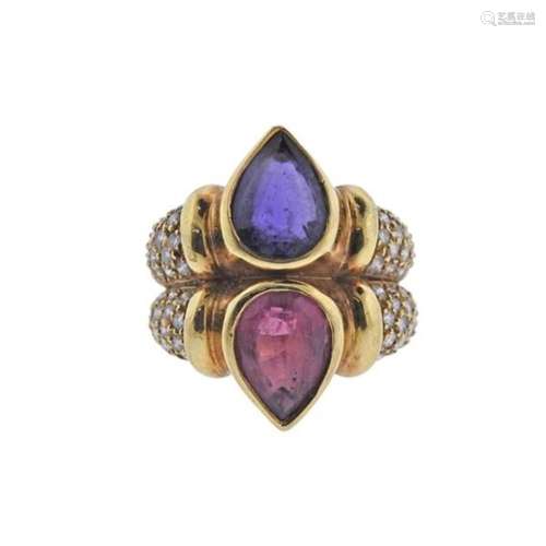 18k Gold Diamond Tourmaline Amethyst Ring