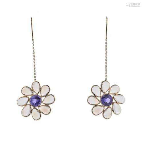 18k Gold Tanzanite Moonstone Flower Drop Earrings