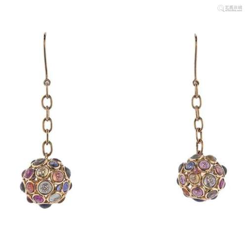 18k Gold 13ctw Multi Sapphire Ball Drop Earrings