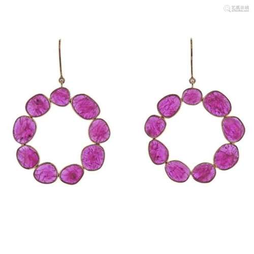 18k Gold Natural 14.15ctw Ruby Circle Earrings