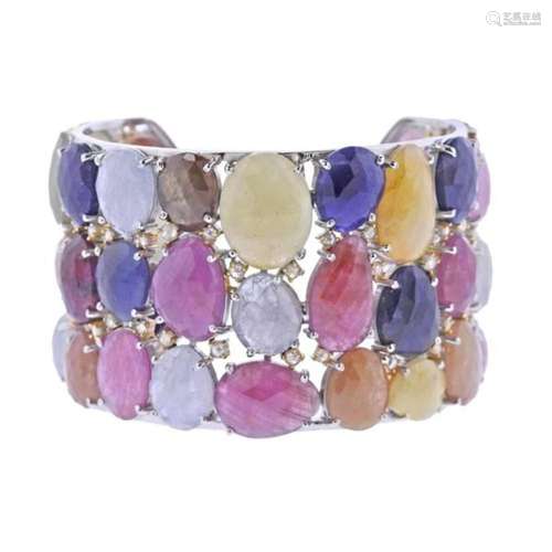 14k Gold Silver 185.90ctw Multi Sapphire Diamond Cuff Bracel...