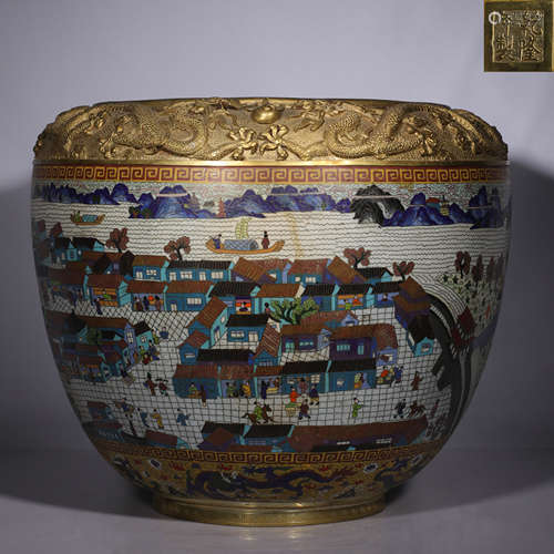 A cloisonne landscape figure dragon pattern painting urn fro...