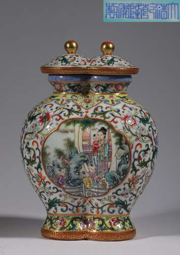 Qing enamel jointed pattern window figure sakura drama pictu...