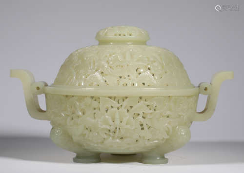 Hetian jade hollow three-legged incense burner in the Qing D...