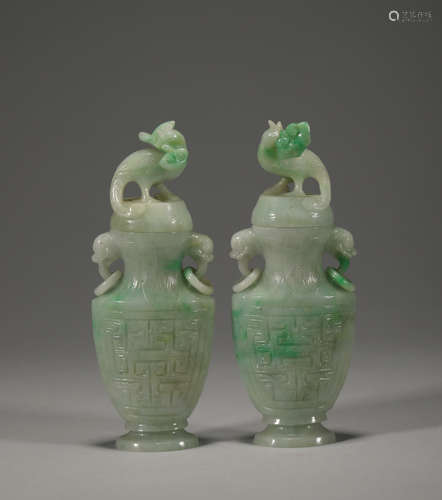 Chinese qing dynasty jade elephant handle bottle pair