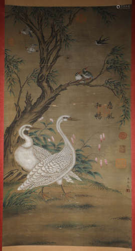 Cui Bai double geese on silk vertical axis