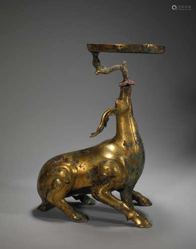 Ancient Chinese bronze gilt deer lamp