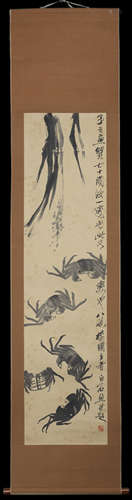 Qi Baishi boutique (crab picture) old paper damask mounted v...