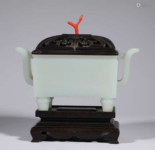 Hetian White jade Square incense burner from the Qing Dynast...