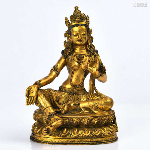 Qing Dynasty bronze gilt inlaid pine tara statue