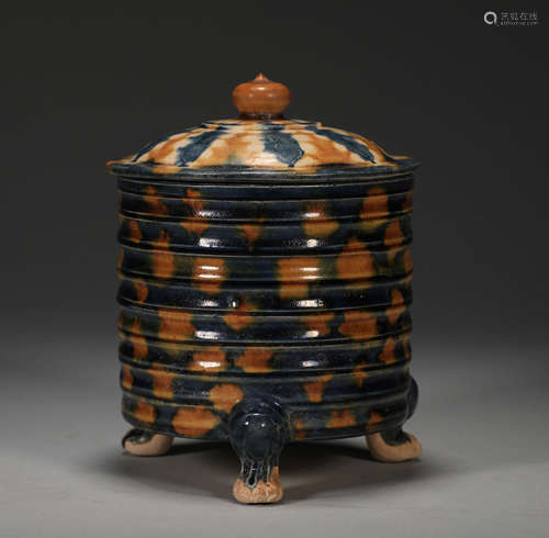 Ancient Chinese three-legged three-color jar with lid