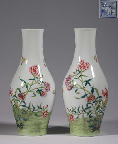 A pair of qing dynasty enamel colored flower poetry vase