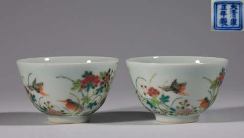 A pair of qing dynasty pastel flower teacups