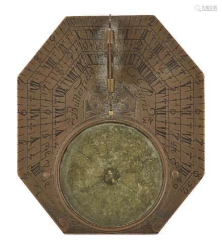 A brass Anglo-French octagonal pocket sundial and compass, b...
