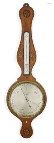 A George III satinwood and marquetry inlaid wheel barometer,...