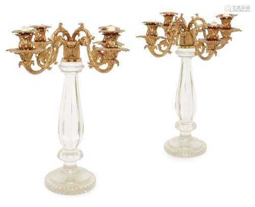 A pair of Victorian gilt-bronze mounted glass four-light can...