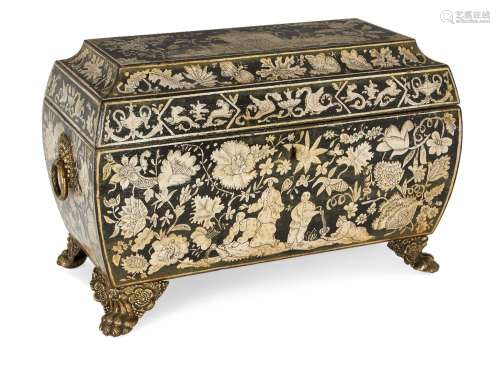 A Regency penwork tea caddy, early 19th century, of sarcopha...