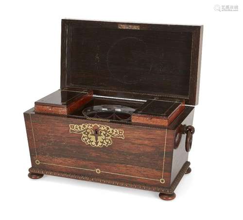 A late Regency brass-inlaid rosewood tea caddy, c.1820-30, o...