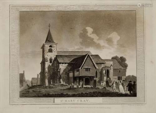 A group of three lithographs of churches and country houses,...