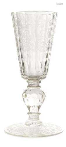 A large Bohemian etched glass faceted goblet, early 18th cen...