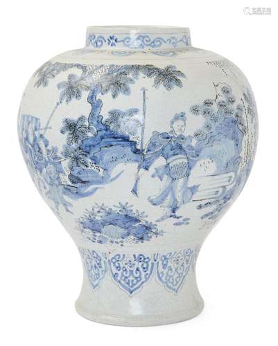 A Dutch Delft blue and white baluster vase, c.1700, painted ...