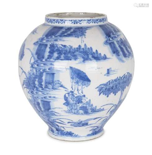 A large Delft blue and white chinoiserie decorated vase, 18t...