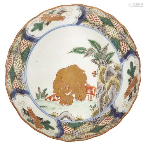 A Japanese Kutani porcelain famille verte shallow bowl, Edo ...