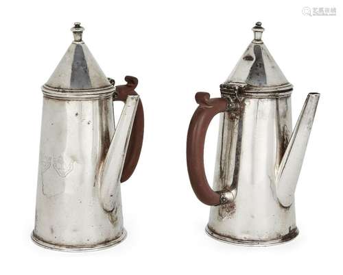 A pair of George V silver caf-au-lait pots