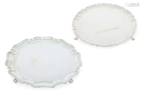 Two shaped circular salvers with piecrust borders