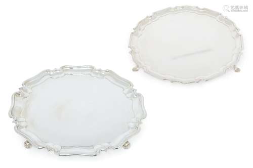 Two shaped circular salvers with piecrust borders