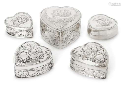 Five heart-shaped Victorian and Edwardian silver trinket box...