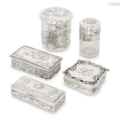 A group of putti-decorated silver trinket boxes and vanity v...