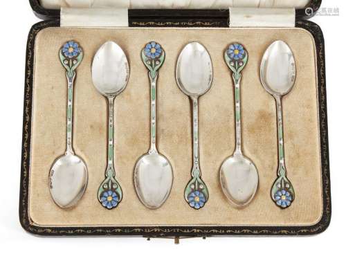 A cased set of George V enamelled silver coffee spoons