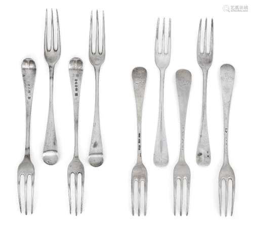A matched set of five 18th century three-pronged table forks