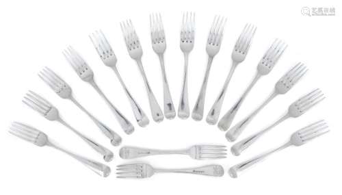 A harlequin set of sixteen George III silver table forks com...