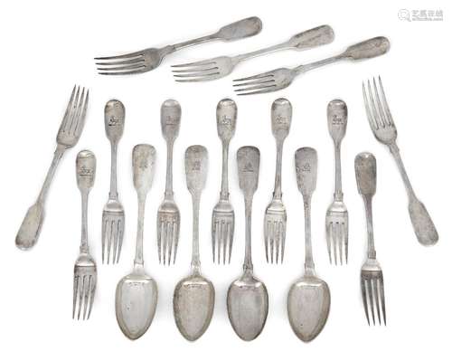 A group of silver fiddle pattern flatware comprising: four I...