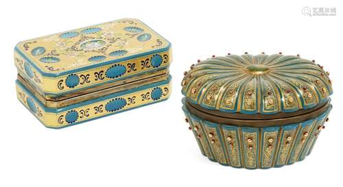 Two Bohemian gilt and turquoise glass caskets