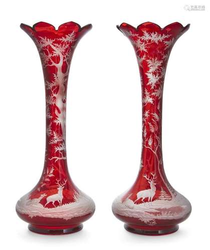 A pair of Bohemian ruby glass vases