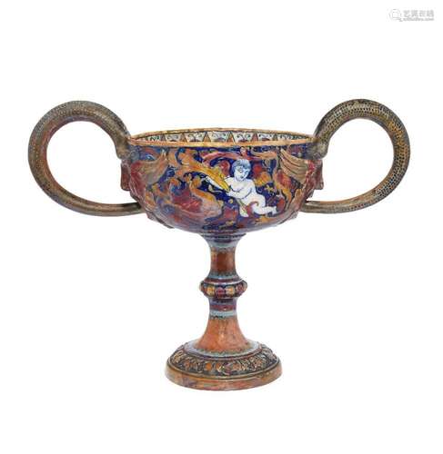 An Italian maiolica gold and ruby lustred two-handled istori...