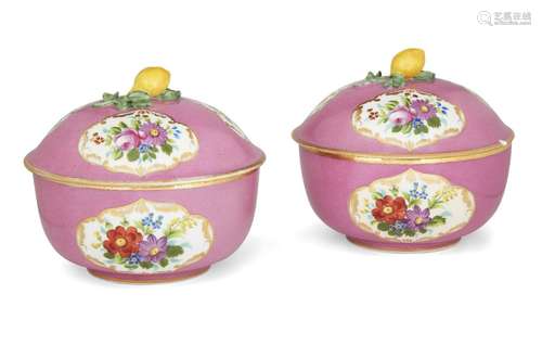 A pair of Continental porcelain puce-ground bowls and covers