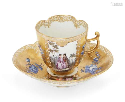 A Meissen gold-ground quatrefoil coffee cup and saucer