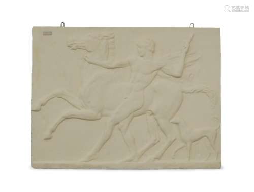 A large Victorian plaster relief of a man taming a horse