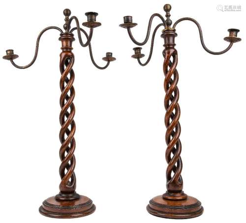 A pair of English oak and beech barley twist three-light can...