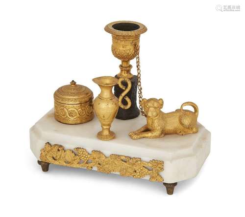 A Regency ormolu and patinated bronze white marble inkstand