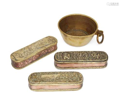 Three Dutch brass and copper tobacco boxes