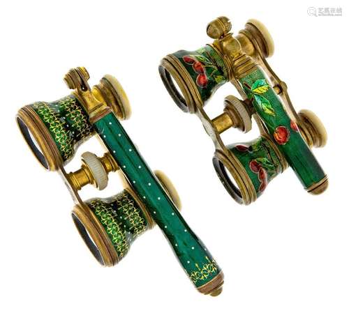 A pair of French gilt-brass and enamelled opera glasses