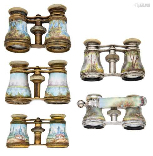 Five pairs of enamelled opera glasses